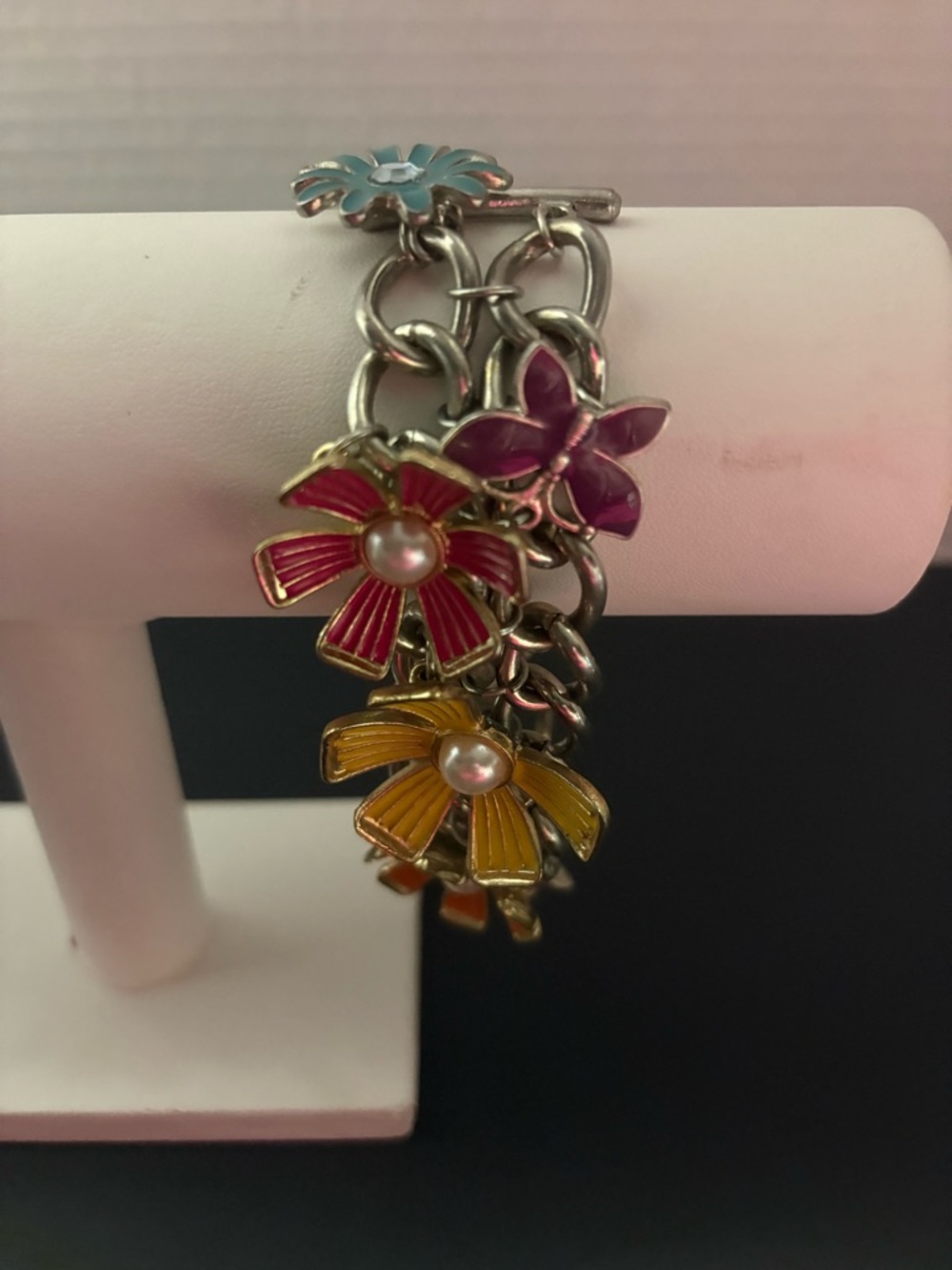 Floral Enamel Charm Bracelet with Pink, Yellow & Red Flowers